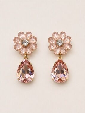 Dainty Pink Crystal Flower Drop Earrings - Elegant Women Jewelry